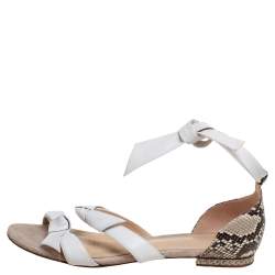 Alexandre Birman White/Brown Python and Knotted Leather Ankle-Wrap Flat Sandals Size 40