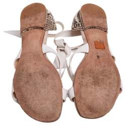 Alexandre Birman White/Brown Python and Knotted Leather Ankle-Wrap Flat Sandals Size 40