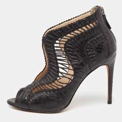 Alexandre Birman Black Python and Leather Caged Peep-Toe Booties Size 38