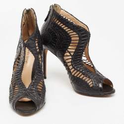 Alexandre Birman Black Python and Leather Caged Peep-Toe Booties Size 38