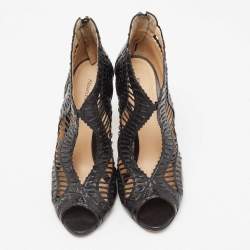 Alexandre Birman Black Python and Leather Caged Peep-Toe Booties Size 38