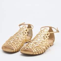 Alexandre Birman Gold Leather Strappy Flat Sandals Size 38