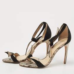 Alexandre Birman Black Suede and Python Bow Detail Ankle Strap Sandals Size 38