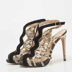 Alexandre Birman Black Suede and Python Leather Cut Out Slingback Sandals Size 40