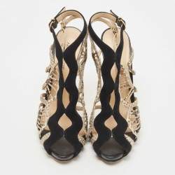 Alexandre Birman Black Suede and Python Leather Cut Out Slingback Sandals Size 40
