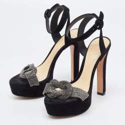 Pre Owned Alexandre Birman Black Nubuck Leather Crystal Embellished Platform Ankle Strap Sandals Size 37
