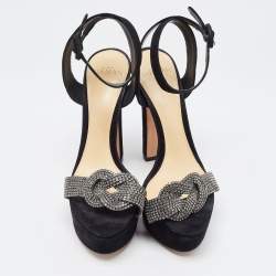 Pre Owned Alexandre Birman Black Nubuck Leather Crystal Embellished Platform Ankle Strap Sandals Size 37