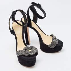 Pre Owned Alexandre Birman Black Nubuck Leather Crystal Embellished Platform Ankle Strap Sandals Size 37