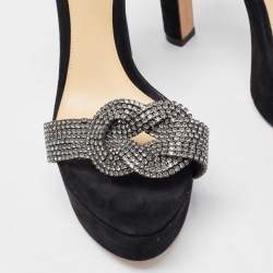 Pre Owned Alexandre Birman Black Nubuck Leather Crystal Embellished Platform Ankle Strap Sandals Size 37