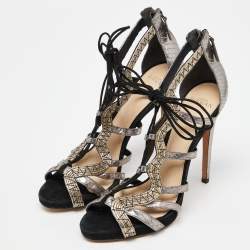 Alexandre Birman Metallic Python Embossed Leather Strappy Ankle Tie Sandals Size 40