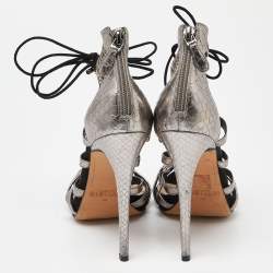 Alexandre Birman Metallic Python Embossed Leather Strappy Ankle Tie Sandals Size 40