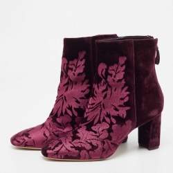 Alexandre Birman Burgundy Floral Velvet Block Heel Ankle Boots Size 41