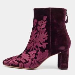 Alexandre Birman Burgundy Floral Velvet Block Heel Ankle Boots Size 41