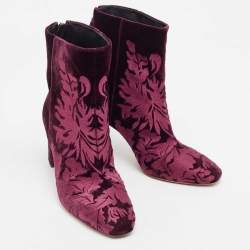 Alexandre Birman Burgundy Floral Velvet Block Heel Ankle Boots Size 41