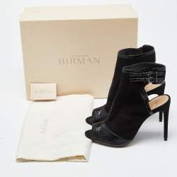 Alexandre Birman Black Suede and  Watersnake Leather Peep Toe Booties Size 37