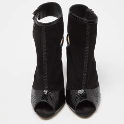 Alexandre Birman Black Suede and  Watersnake Leather Peep Toe Booties Size 37