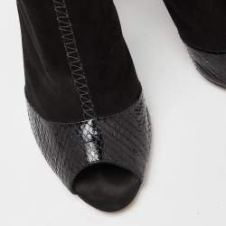 Alexandre Birman Black Suede and  Watersnake Leather Peep Toe Booties Size 37