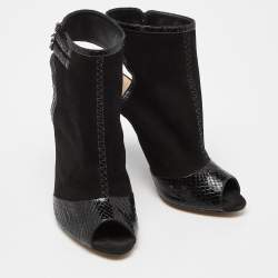 Alexandre Birman Black Suede and  Watersnake Leather Peep Toe Booties Size 37