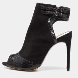 Alexandre Birman Black Suede and  Watersnake Leather Peep Toe Booties Size 37