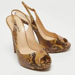 Alexandre Birman Yellow/Brown Snakeskin Peep Toe Slingback Pumps Size 37