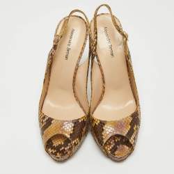 Alexandre Birman Yellow/Brown Snakeskin Peep Toe Slingback Pumps Size 37