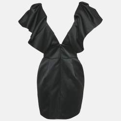 Pre Owned Alexandre Vauthier Black Satin Ruffled V-Neck Mini Dress M