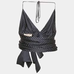Pre Owned Alexandre Vauthier Navy Blue Polka Dots Satin Wrap Crop Top S