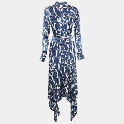 Alexis Blue/White Monogram Satin Asymmetric Marvella Dress XS