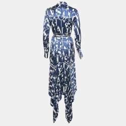 Alexis Blue/White Monogram Satin Asymmetric Marvella Dress XS