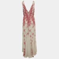 Alice + Olivia Beige/Red Floral Embroidery Lace V-Neck Sleeveless Maxi Dress L