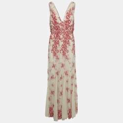Alice + Olivia Beige/Red Floral Embroidery Lace V-Neck Sleeveless Maxi Dress L