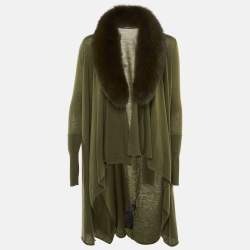 Pre Owned Alice + Olivia Olive Green Wool Detachable Fur Open Front Cardigan XS