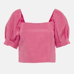 مملوكة مسبقًا Alice + Olivia Pink Cotton Blend Puff Sleeve Joslyn Crop Top L