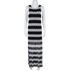 Pre Owned Alice + Olivia Monochrome Striped Crochet Lace Sleeveless Lucia Maxi Dress M