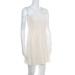 Pre Owned Alice + Olivia Cream Crepe Silk Pleated Bodice Strapless Skater Dress S