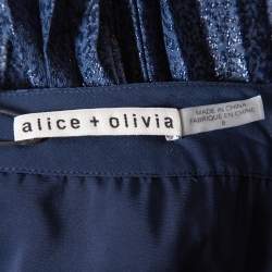 Pre Owned Alice + Olivia Navy Blue Silk Jacquard Pleated Katz Maxi Skirt M