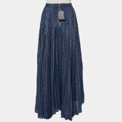 Pre Owned Alice + Olivia Navy Blue Silk Jacquard Pleated Katz Maxi Skirt M