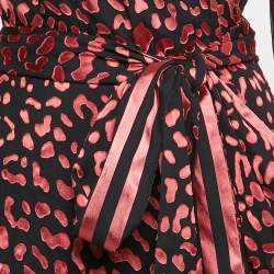 Pre Owned Alice + Olivia Black/Pink Leopard Fil-coupe and Striped Silk Blend Midi Wrap Dress L