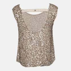 Alice + Olivia Beige Sequin and Beads Embellished Chiffon Sleeveless Top M