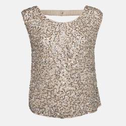 Alice + Olivia Beige Sequin and Beads Embellished Chiffon Sleeveless Top M