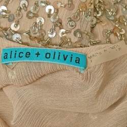 Alice + Olivia Beige Sequin and Beads Embellished Chiffon Sleeveless Top M
