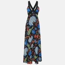 Alice + Olivia Black/Multicolor Floral Print Silk Maxi Dress M