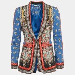 Alice + Olivia Blue/Multicolor Daffodil Scarf Print Linen Blend Macey Blazer S