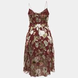 Pre Owned Alice + Olivia Burgundy Floral Fil-coupe Silk Blend Midi Dress XS