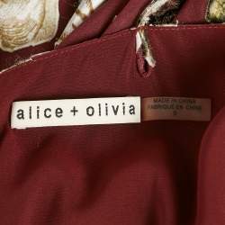 Pre Owned Alice + Olivia Burgundy Floral Fil-coupe Silk Blend Midi Dress XS