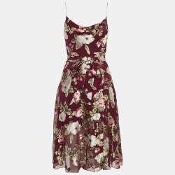 Pre Owned Alice + Olivia Burgundy Floral Fil-coupe Silk Blend Midi Dress XS