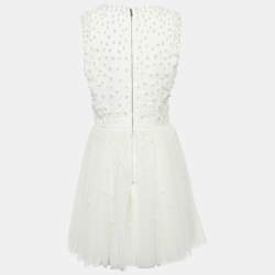 Alice + Olivia White Beads Embroidered Tulle Flared Mini Dress L