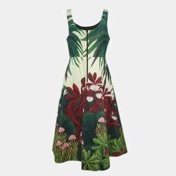 Pre Owned Alice + Olivia Green Floral Print Cotton Fit and Flare Midi Dress L