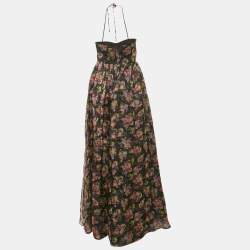 Pre Owned Alice + Olivia Black Floral Print Silk-Taffeta Saori Gathered Gown M