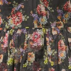 Pre Owned Alice + Olivia Black Floral Print Silk-Taffeta Saori Gathered Gown M